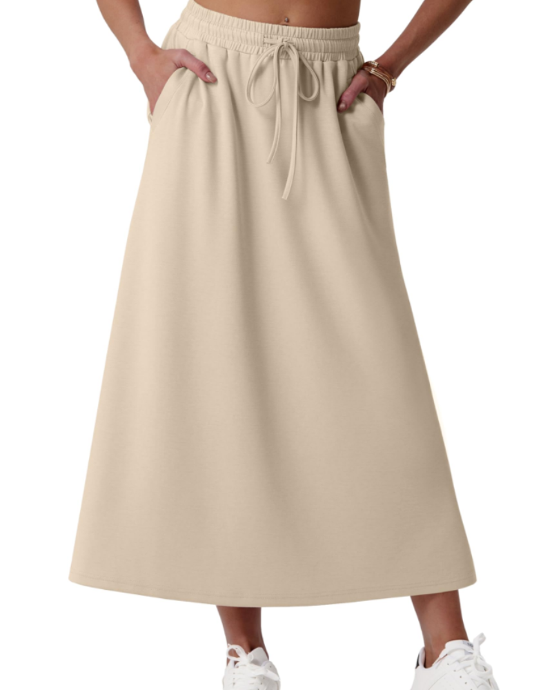 Elena Women’s Maxi Skirt – A-Line Drawstring Skirt with Pockets