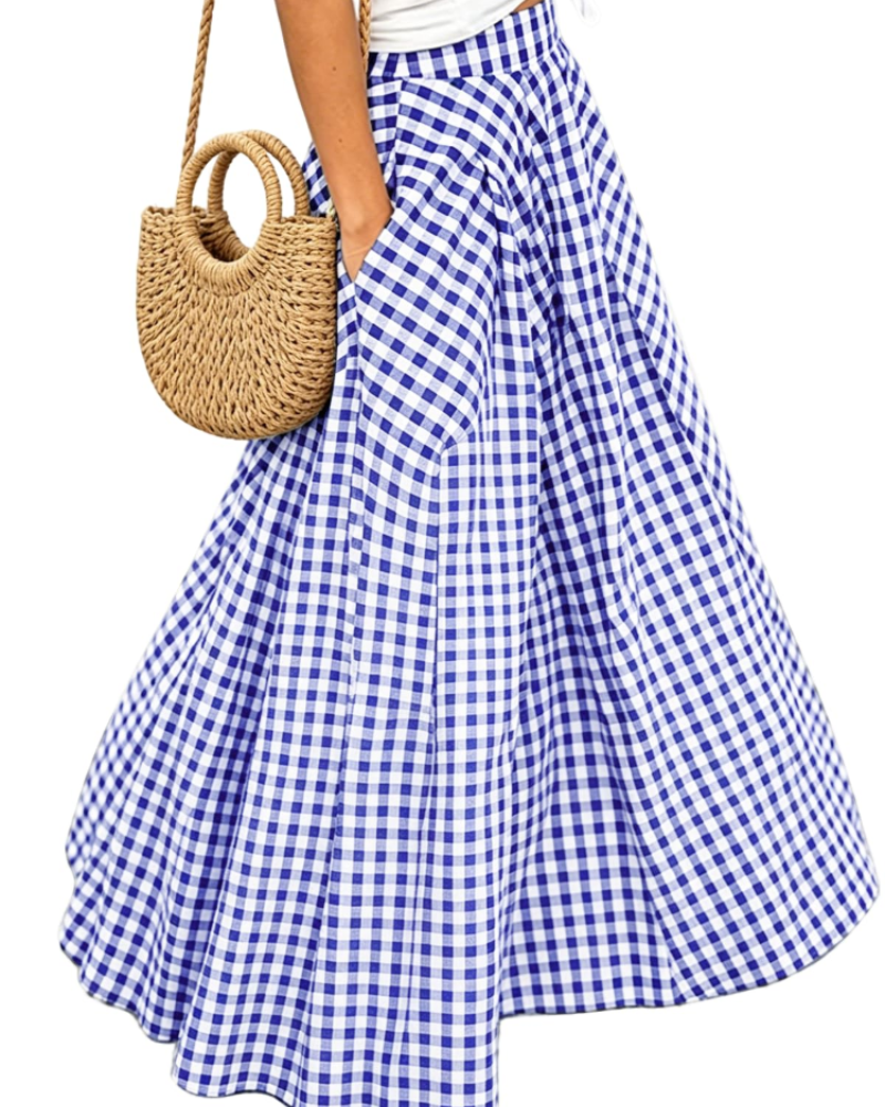 Hailey Women’s Maxi Skirt – Checked A-Line Pleated Skirt with Pockets