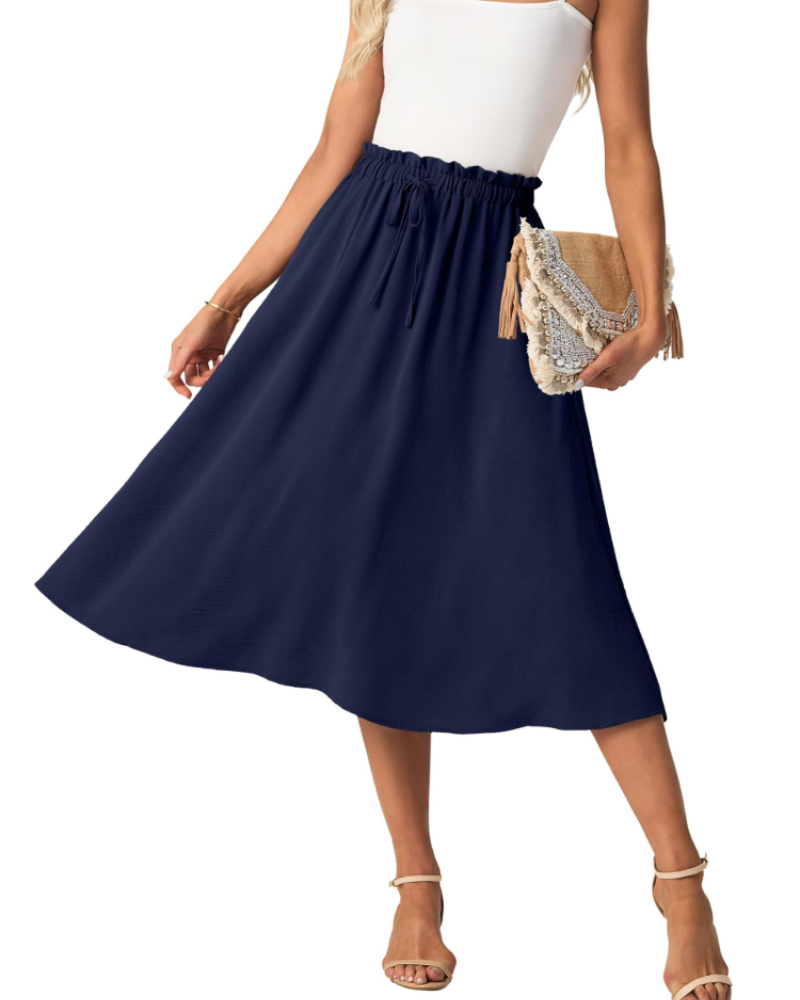 Elena Women’s A-Line Midi Skirt – Linen-Feel Drawstring Summer Skirt