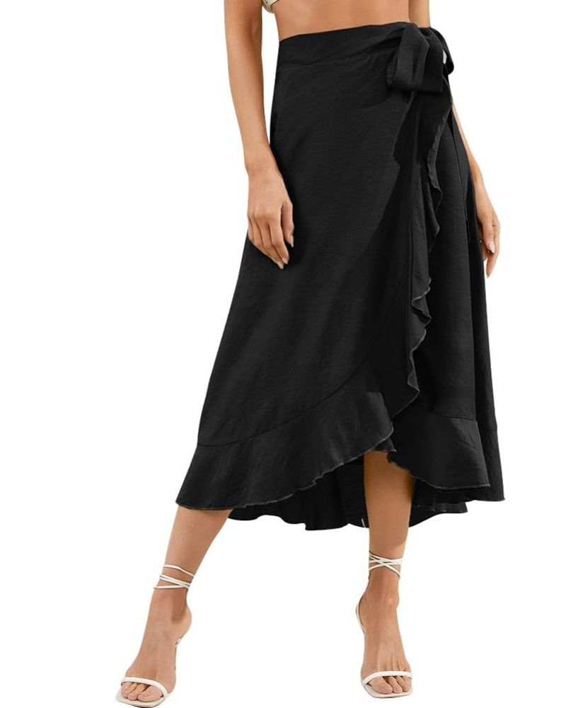 Olivia Women’s Wrap Skirt – High Waist Asymmetrical Ruffle Midi Skirt