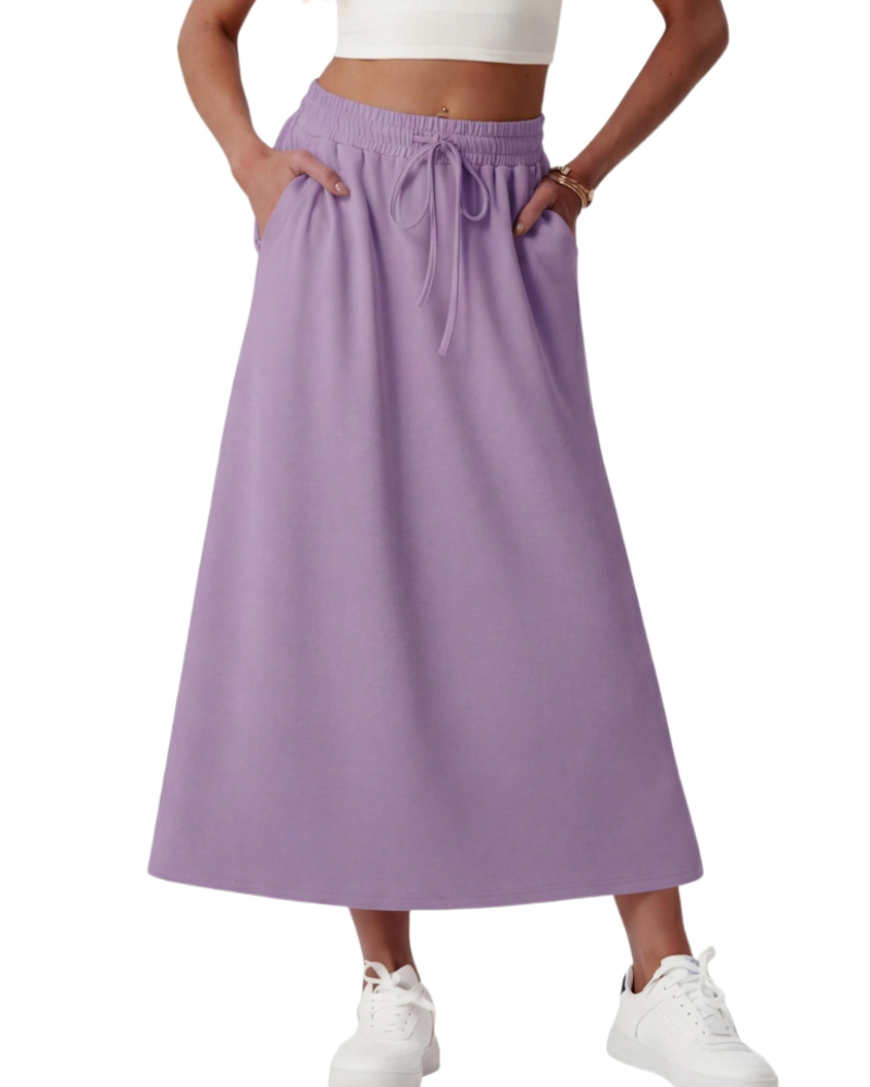 Elena Women’s Maxi Skirt – A-Line Drawstring Skirt with Pockets