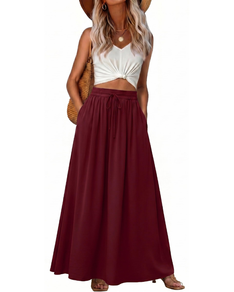 Hannah Women’s Maxi Skirt – Boho A-Line Drawstring Skirt with Pockets
