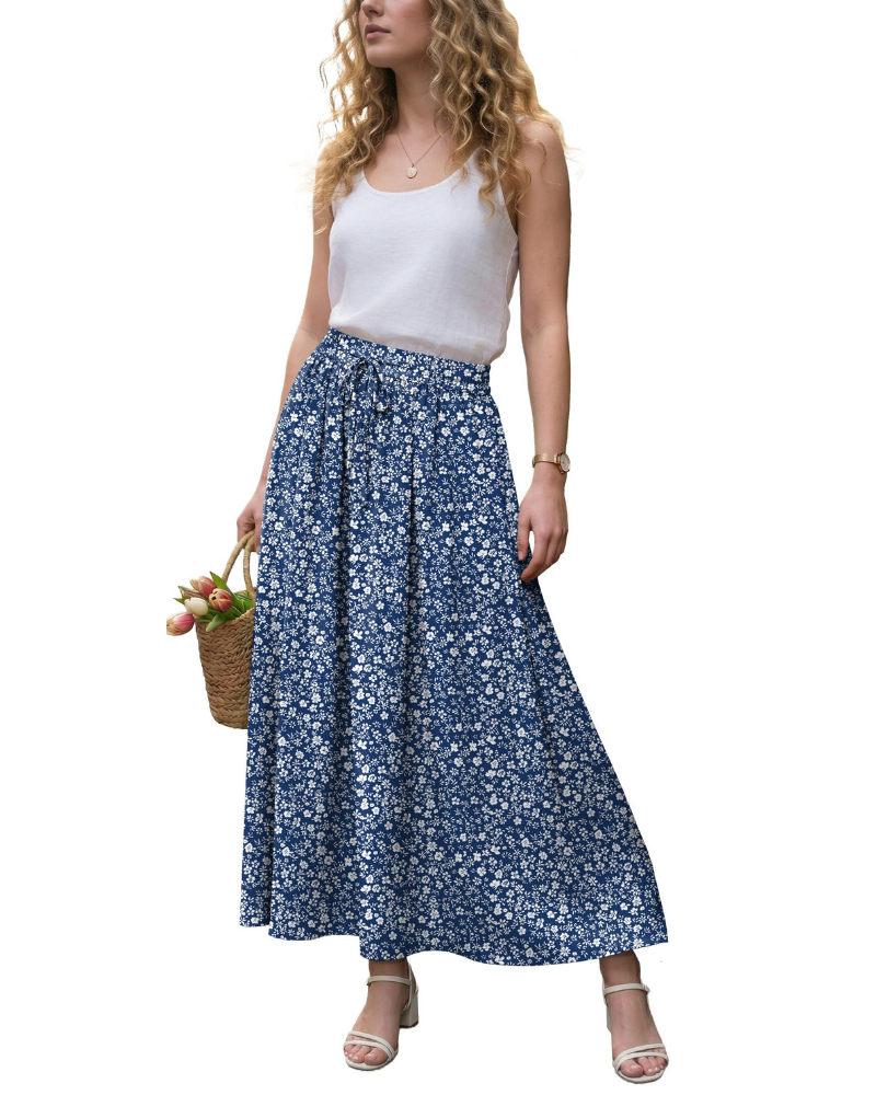 Hannah Women’s Maxi Skirt – Boho A-Line Drawstring Skirt with Pockets