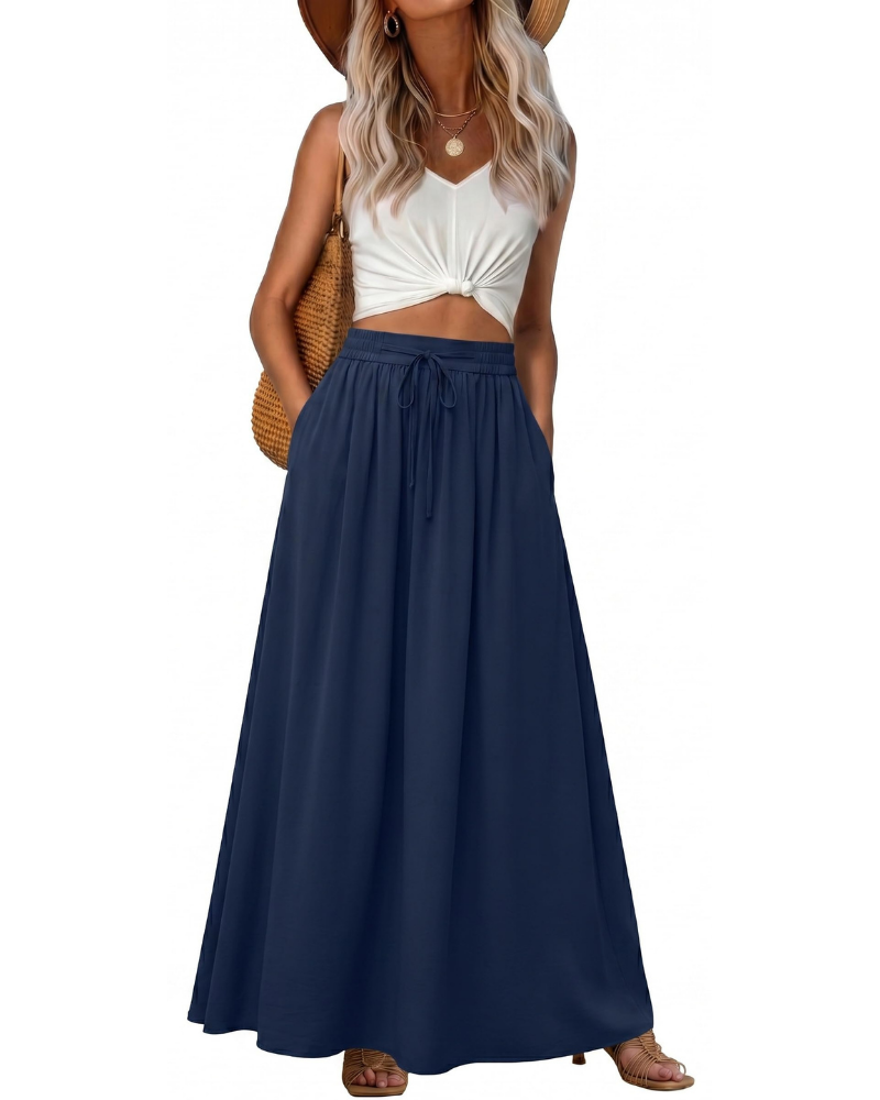 Hannah Women’s Maxi Skirt – Boho A-Line Drawstring Skirt with Pockets
