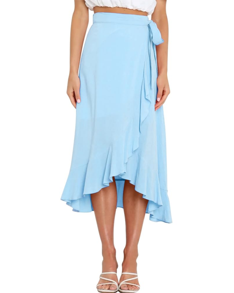 Olivia Women’s Wrap Skirt – High Waist Asymmetrical Ruffle Midi Skirt