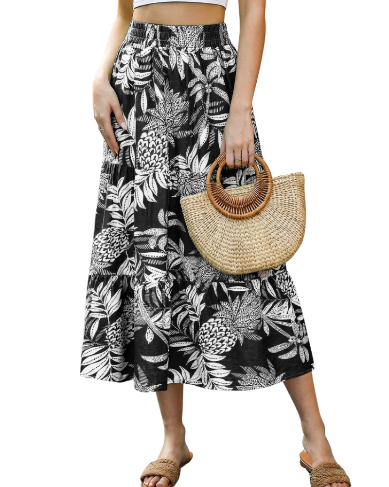 Juliet Women’s Midi Skirt – Floral A-Line Calf-Length Skirt with Elastic Waist