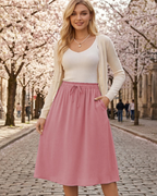 Chloe Women’s Midi Skirt – Linen-Look A-Line Skirt with Drawstring & Pockets