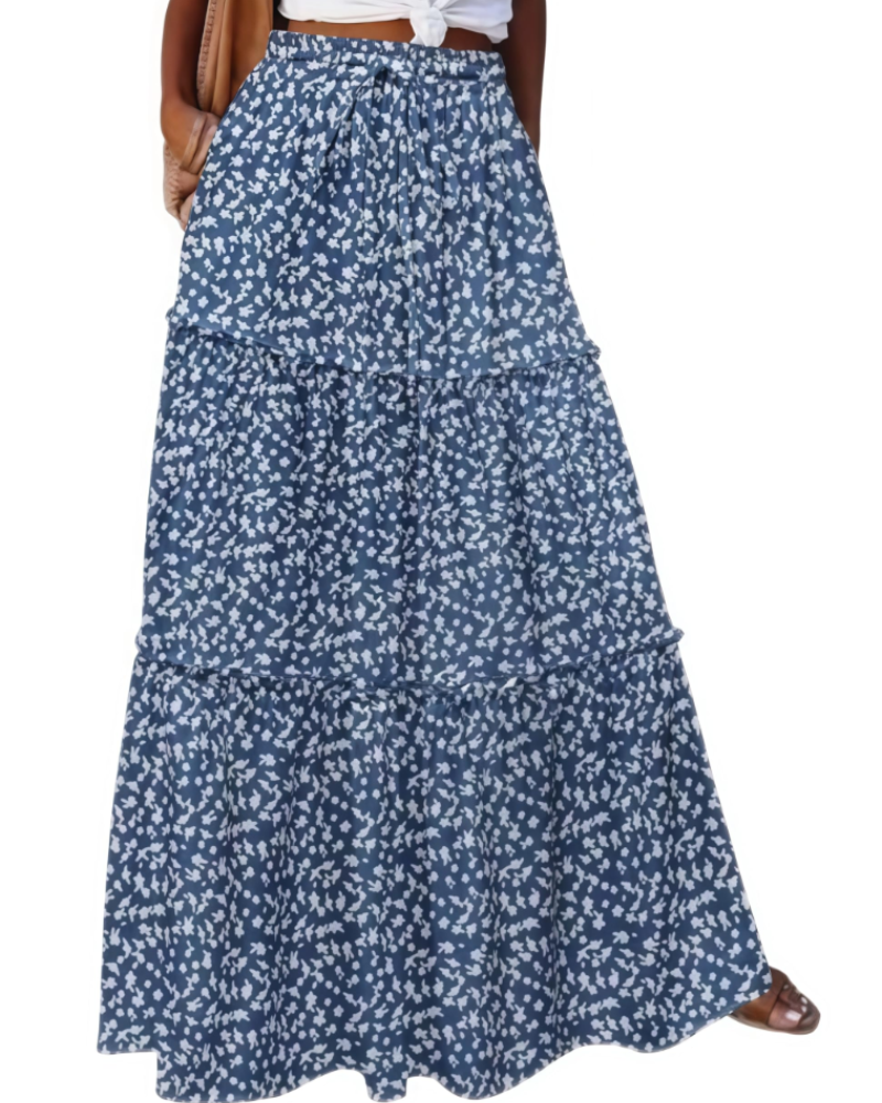 Ruby Women’s Maxi Skirt – Floral Boho High Waist Tiered A-Line Skirt