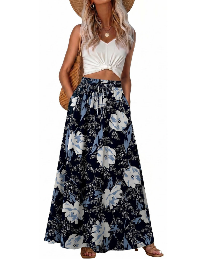 Hannah Women’s Maxi Skirt – Boho A-Line Drawstring Skirt with Pockets