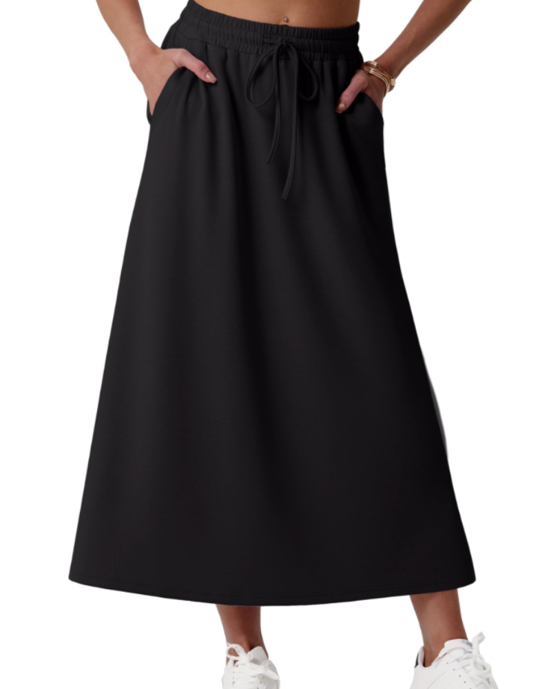 Elena Women’s Maxi Skirt – A-Line Drawstring Skirt with Pockets