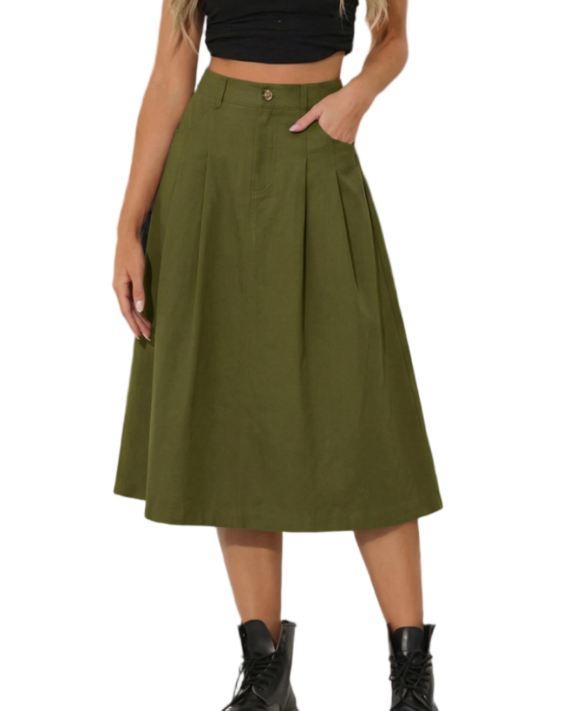 Mila Women’s Utility Midi Skirt – High Waist Button Skirt with Pockets