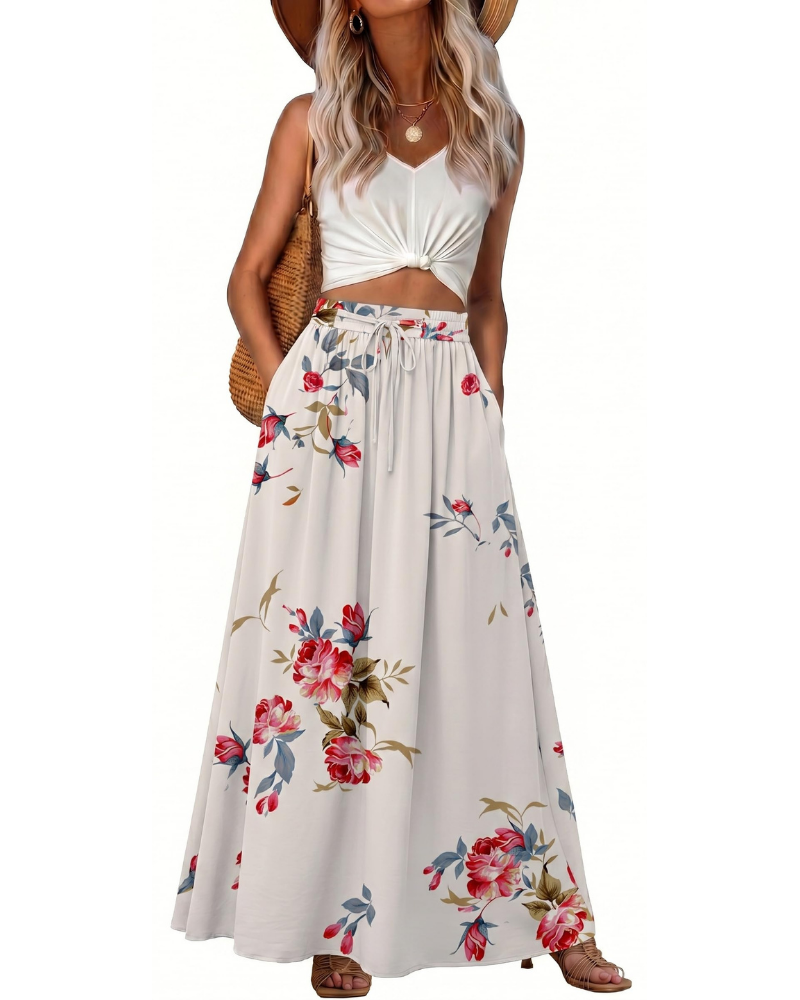 Hannah Women’s Maxi Skirt – Boho A-Line Drawstring Skirt with Pockets