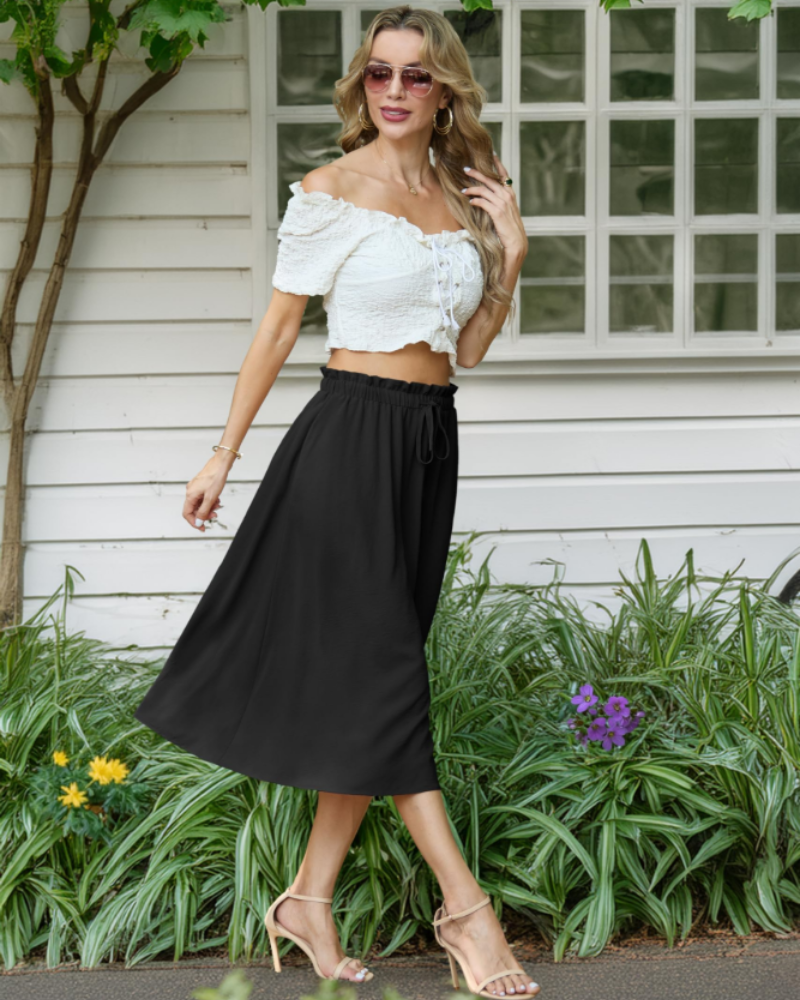 Elena Women’s A-Line Midi Skirt – Linen-Feel Drawstring Summer Skirt