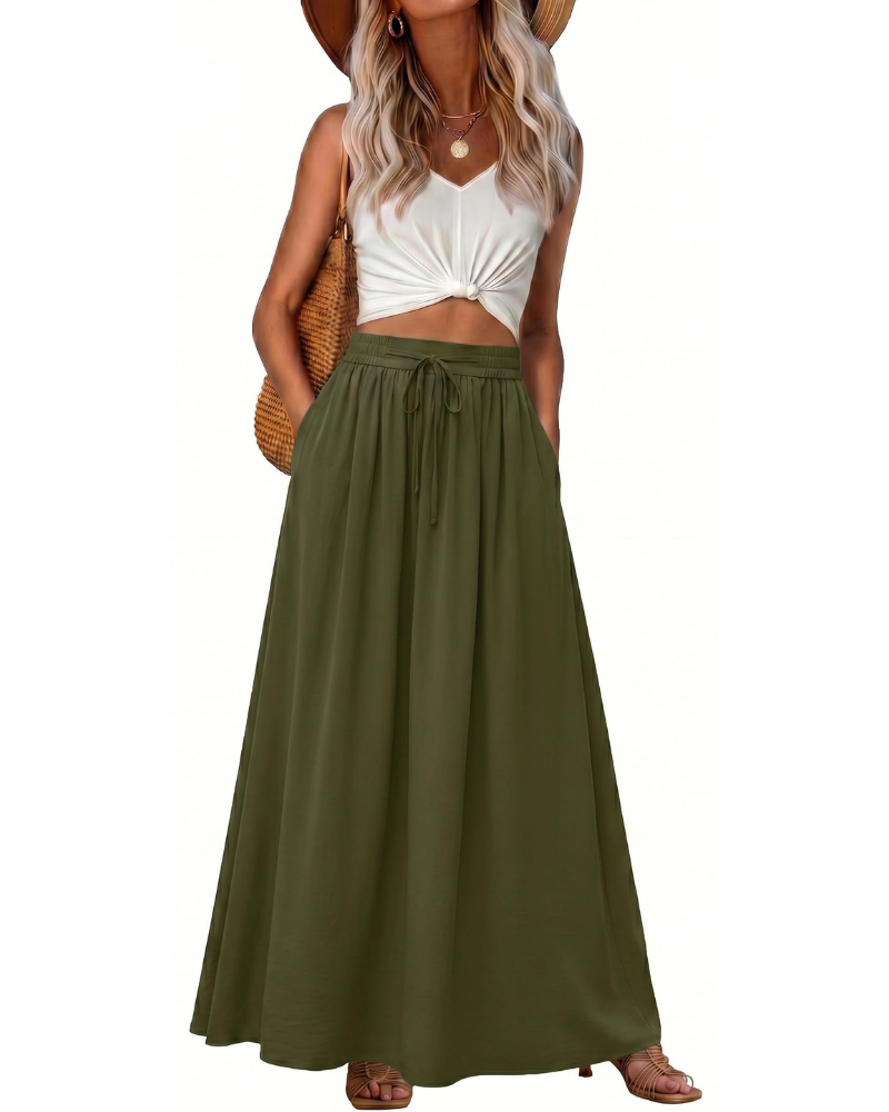 Hannah Women’s Maxi Skirt – Boho A-Line Drawstring Skirt with Pockets