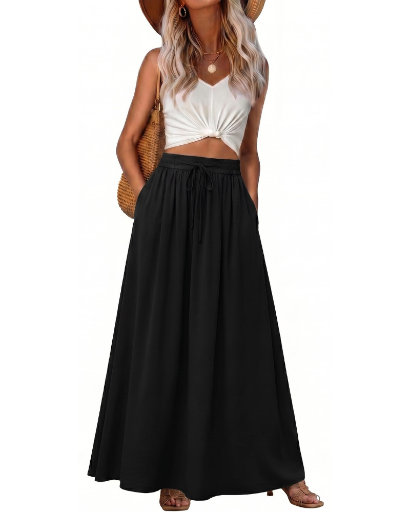 Hannah Women’s Maxi Skirt – Boho A-Line Drawstring Skirt with Pockets