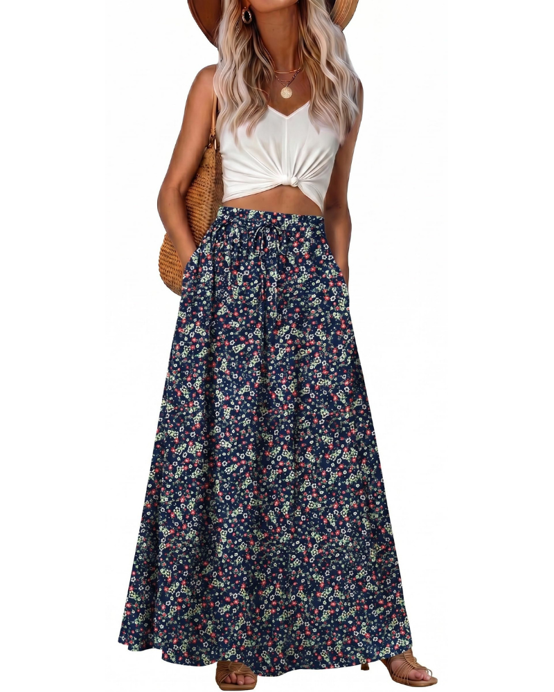 Hannah Women’s Maxi Skirt – Boho A-Line Drawstring Skirt with Pockets