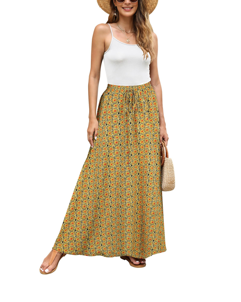 Camila Women’s Maxi Skirt – Boho Floral A-Line Skirt with Drawstring Waist