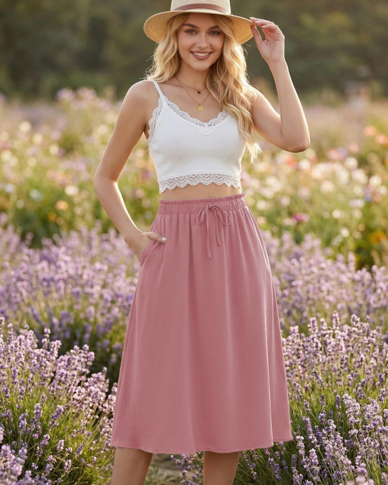 Chloe Women’s Midi Skirt – Linen-Look A-Line Skirt with Drawstring & Pockets