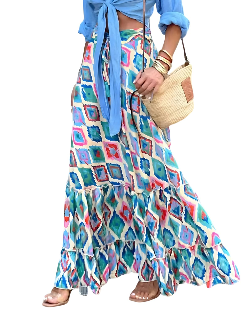 Serena Women’s Maxi Skirt – Boho Floral A-Line Skirt with Smocked Waist