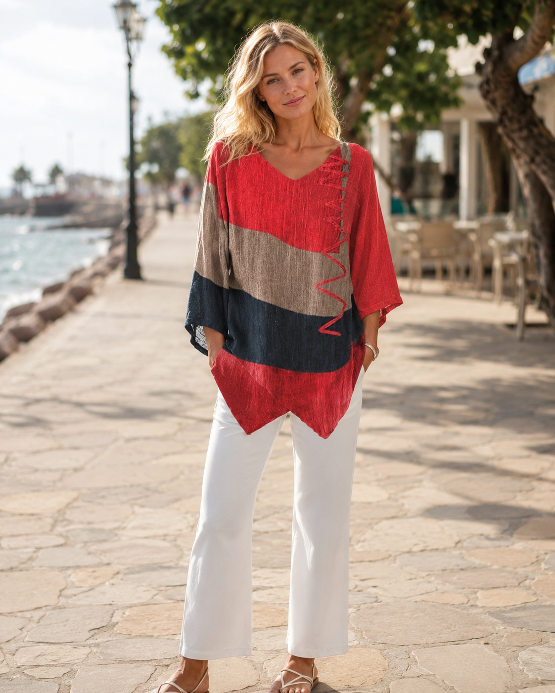 Solange Women's V-Neck Top – Color Block Lightweight Casual Chic Blouse