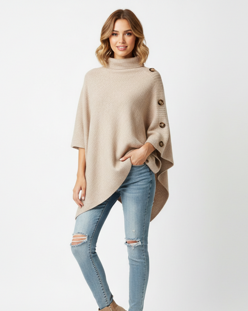 Elayne Women's Wool Poncho – Oversized Knit Turtleneck Winter Wrap