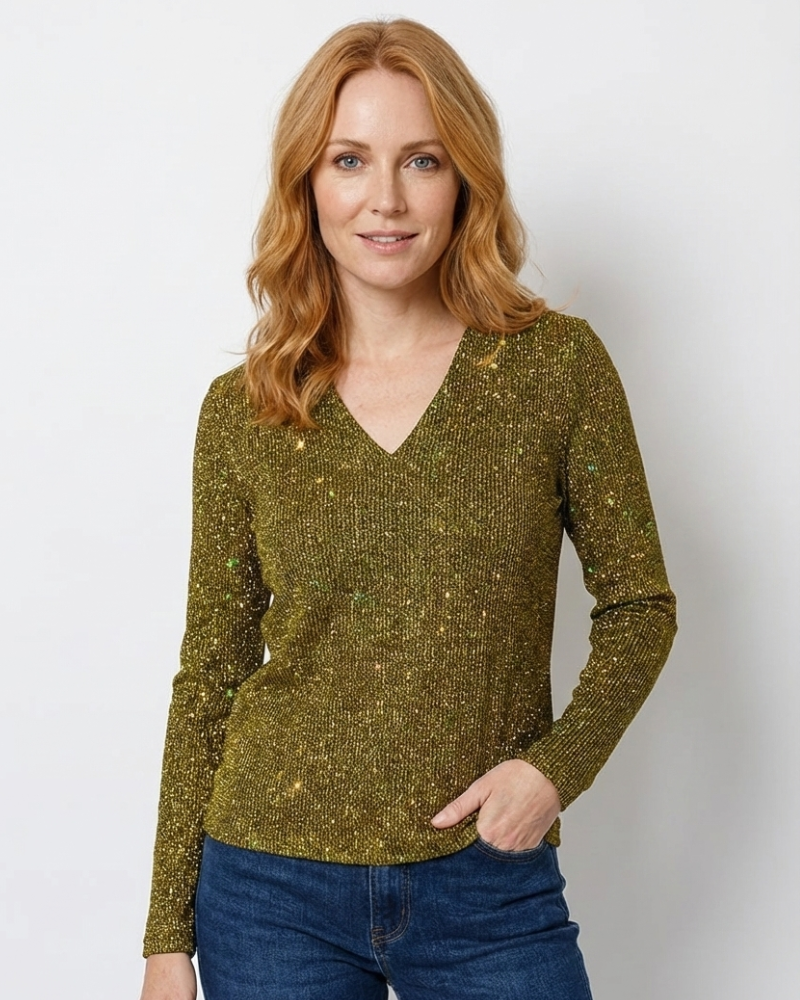 Zane Women's Sequin V-Neck Blouse – Long Sleeve Lightweight Casual Chic Top