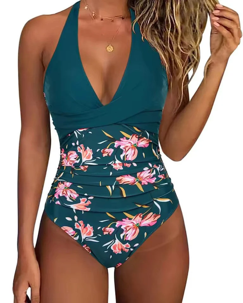 Maya Women's Monokini Swimsuit – Push-Up Halter One-Piece with Tropical High Waist