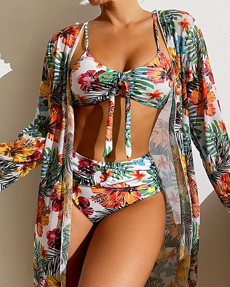 Bella Women's 3-Piece Bikini Set – Floral High-Waist Swimwear with Cover-Up