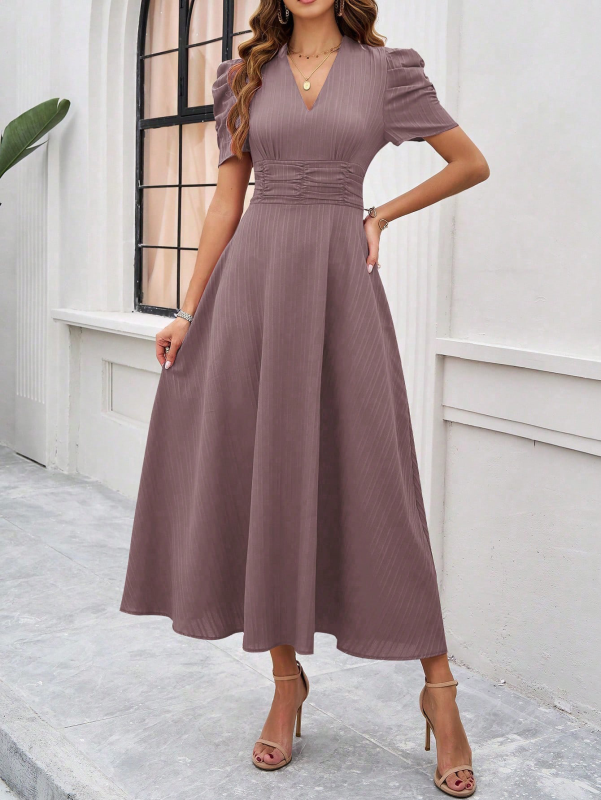 Clara Women’s Midi Dress – Elegant V-Neck A-Line Dress with Puff Sleeves