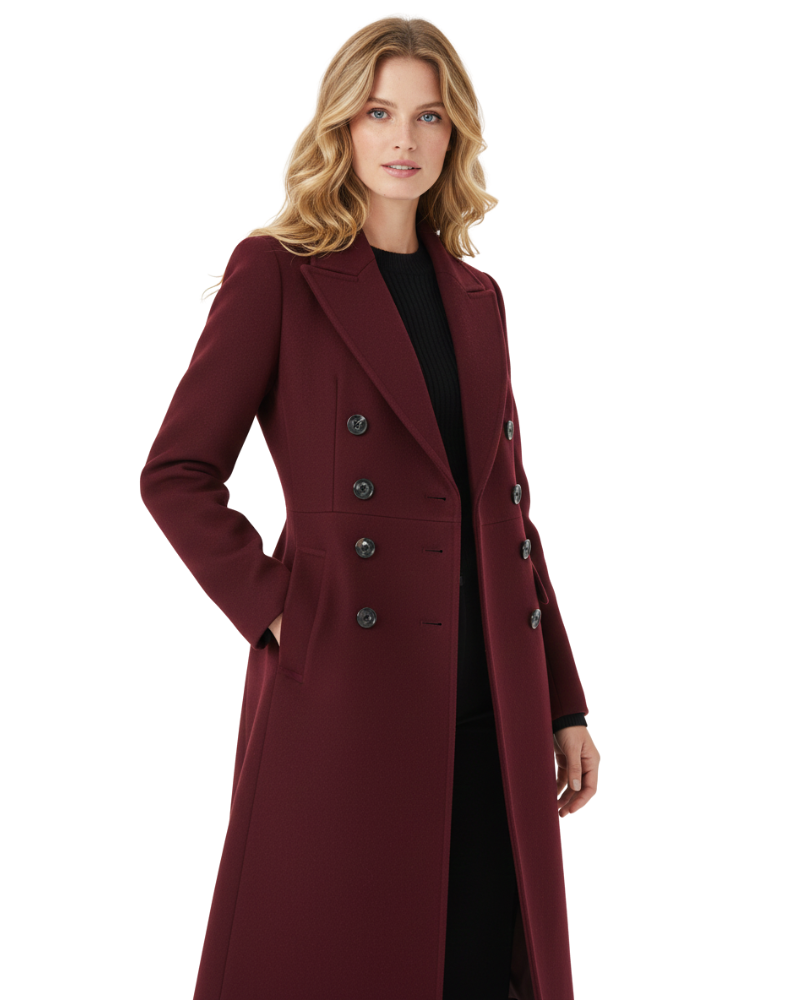 Vian Women's Long Wool Blend Coat – Burgundy Double-Breasted Winter Coat