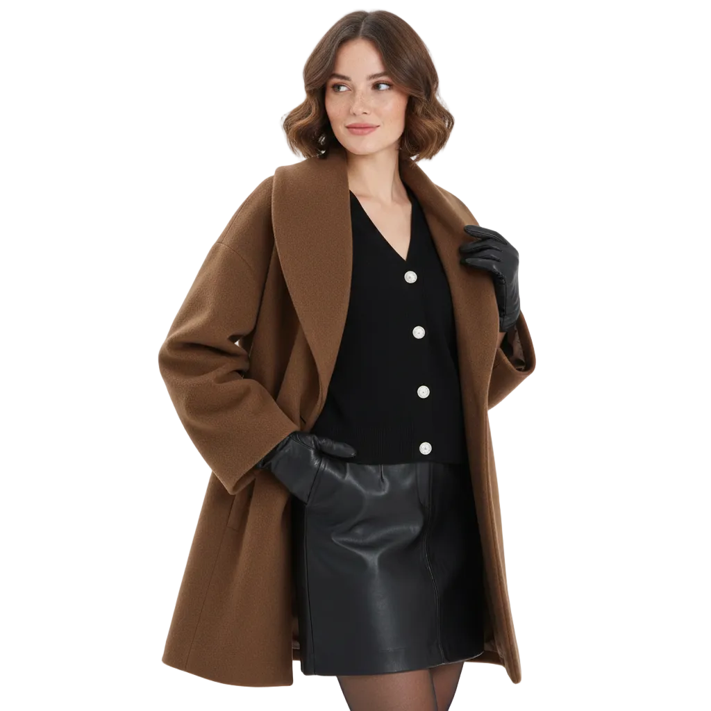 Vicky Women's Oversized Coat – Mid-Length Open Front Winter Coat with Wide Lapels