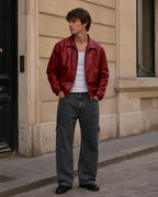 Vince Men's Red Faux Leather Jacket – Oversized Urban Zip Jacket for Fall and Winter