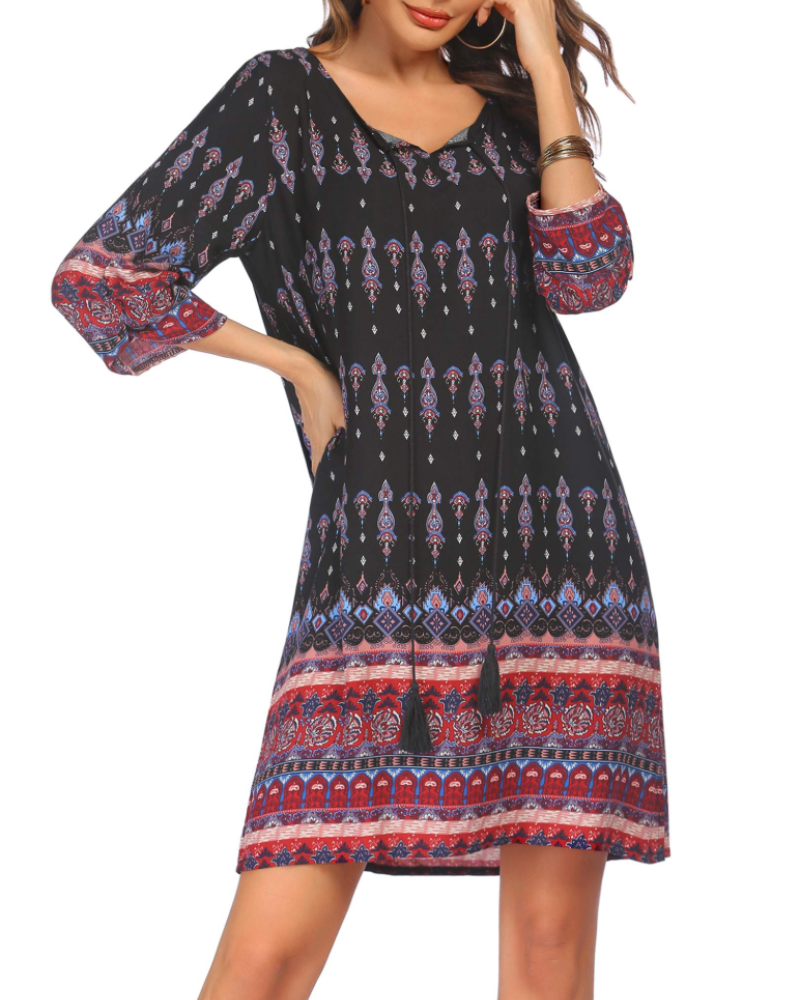 Sophie Women's Boho Tunic Dress – 3/4 Sleeve V-Neck Knee-Length Summer Dress