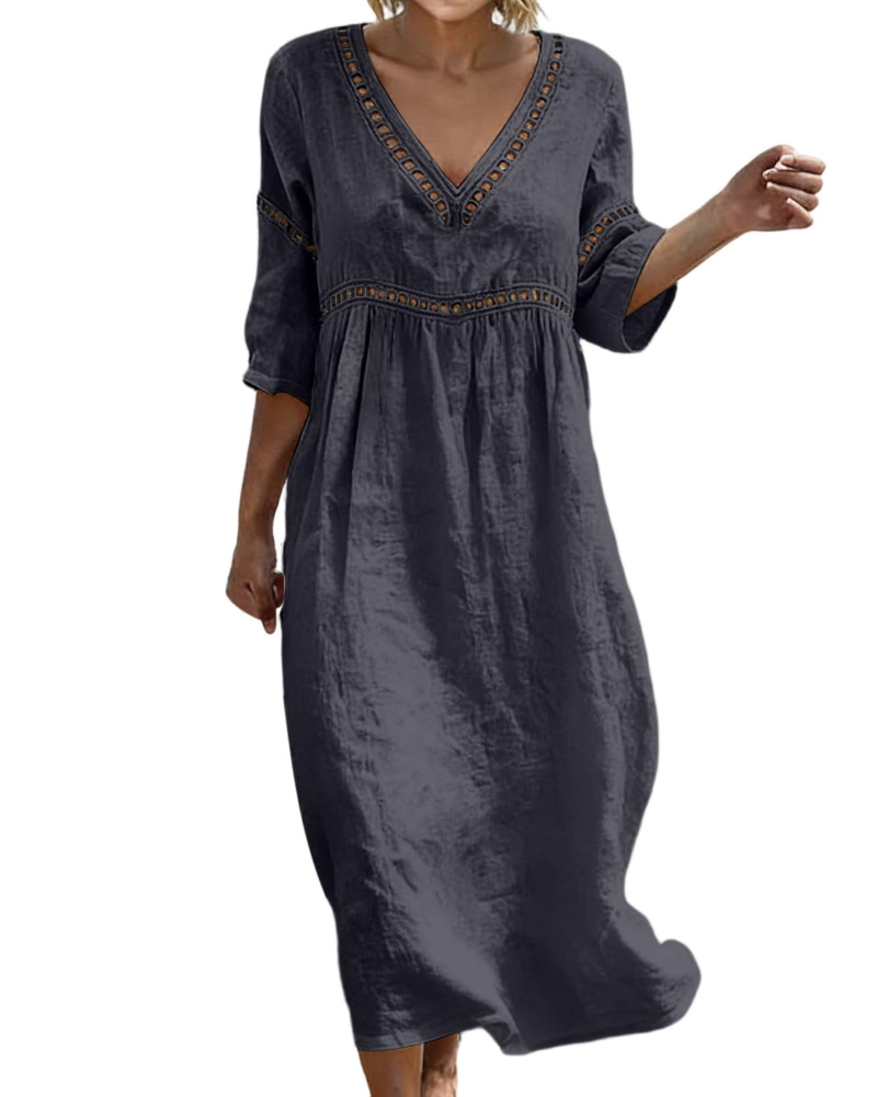 Juliet Women's Cotton Linen Maxi Dress – V-Neck Boho Dress with 3/4 Sleeves