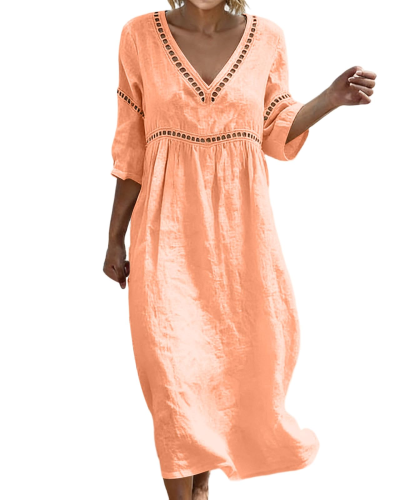 Juliet Women's Cotton Linen Maxi Dress – V-Neck Boho Dress with 3/4 Sleeves