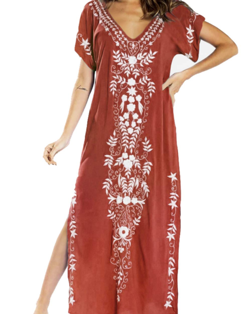 Jasmine Women's Boho Kaftan Dress – Floral Embroidered Beach Cover-Up