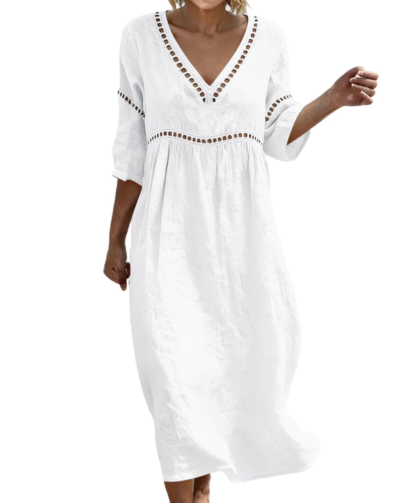 Juliet Women's Cotton Linen Maxi Dress – V-Neck Boho Dress with 3/4 Sleeves