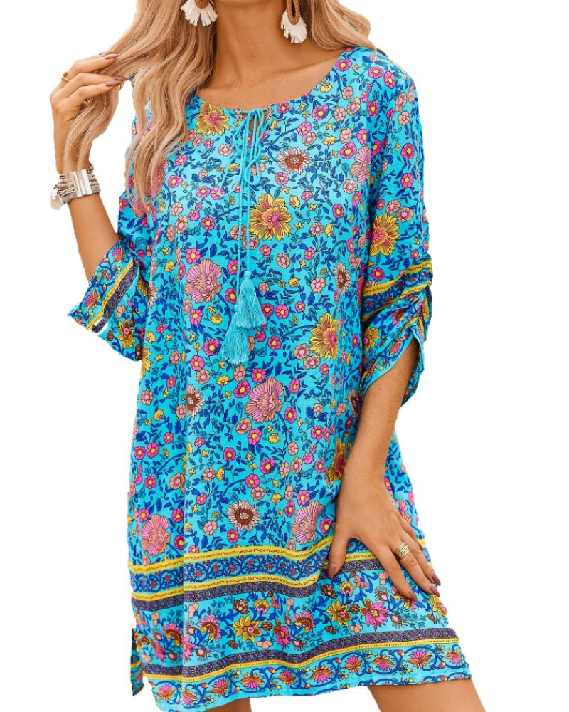 Sophie Women's Boho Tunic Dress – 3/4 Sleeve V-Neck Knee-Length Summer Dress