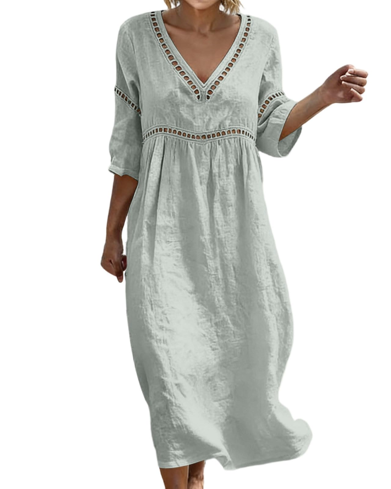Juliet Women's Cotton Linen Maxi Dress – V-Neck Boho Dress with 3/4 Sleeves