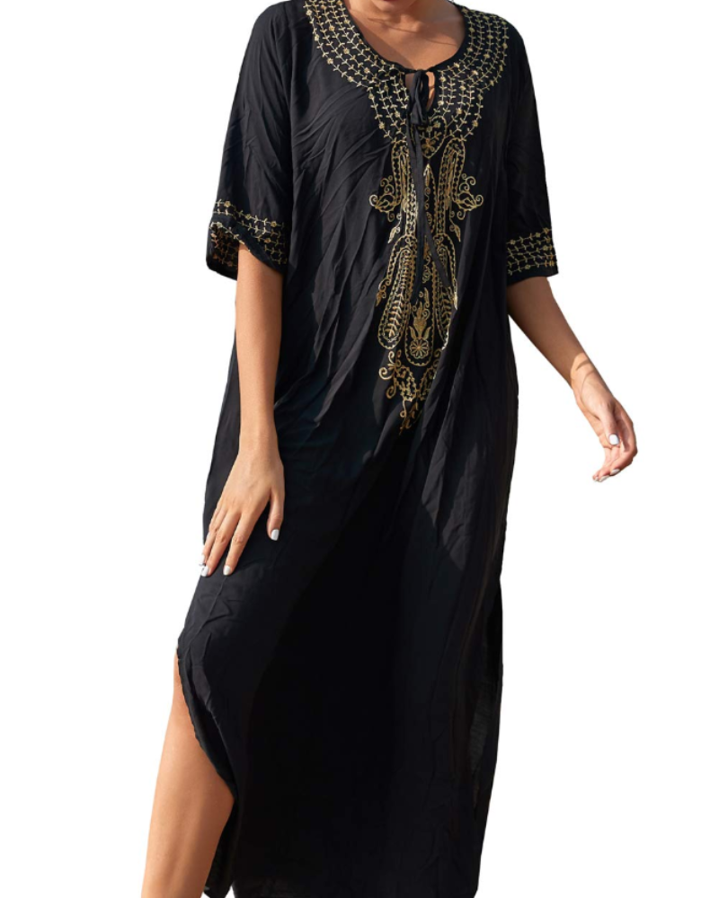 Jasmine Women's Boho Kaftan Dress – Floral Embroidered Beach Cover-Up