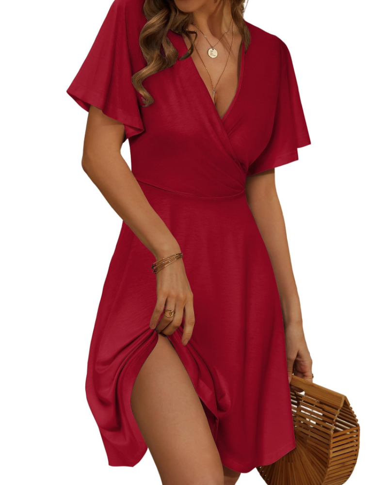 Amelia Women's Wrap Midi Dress – Floral V-Neck A-Line Dress with Ruffle Sleeves