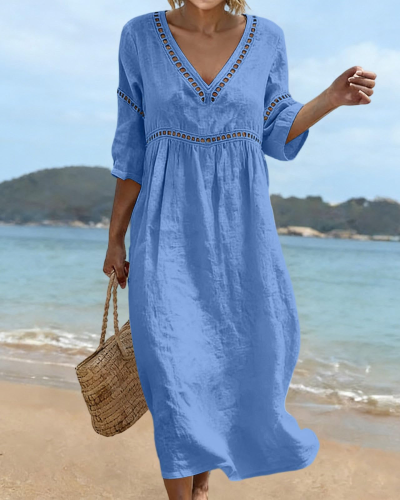 Juliet Women's Cotton Linen Maxi Dress – V-Neck Boho Dress with 3/4 Sleeves