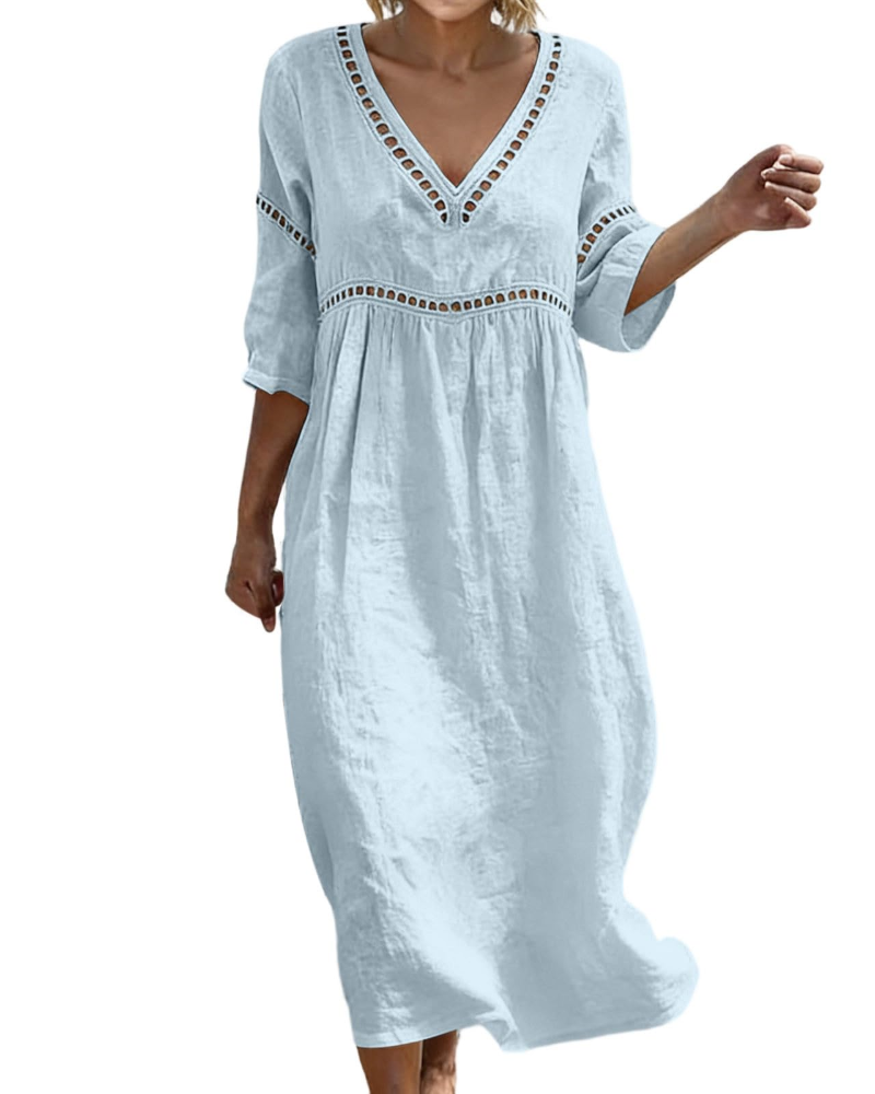 Juliet Women's Cotton Linen Maxi Dress – V-Neck Boho Dress with 3/4 Sleeves