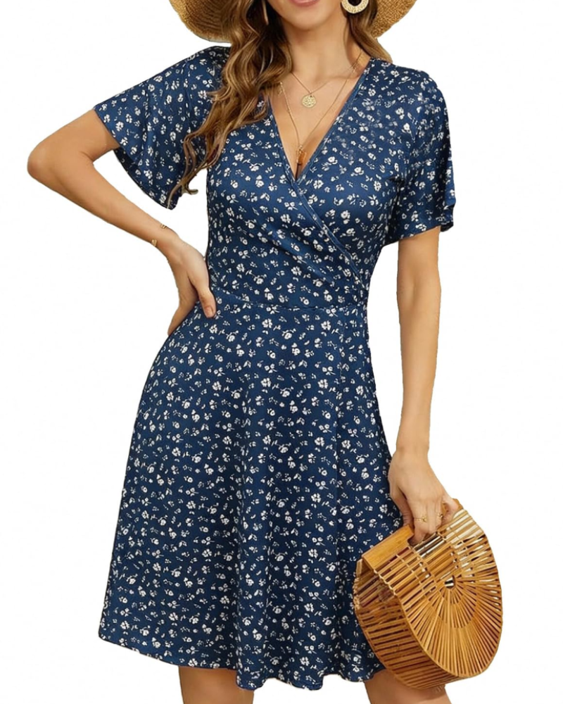 Amelia Women's Wrap Midi Dress – Floral V-Neck A-Line Dress with Ruffle Sleeves