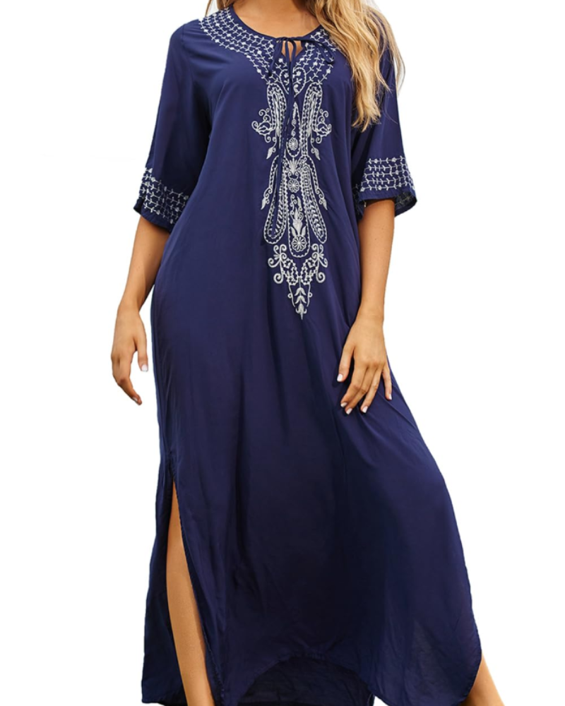 Aurora Women's Boho Kaftan Cover-Up – Embroidered Beach Kimono for Resort Wear