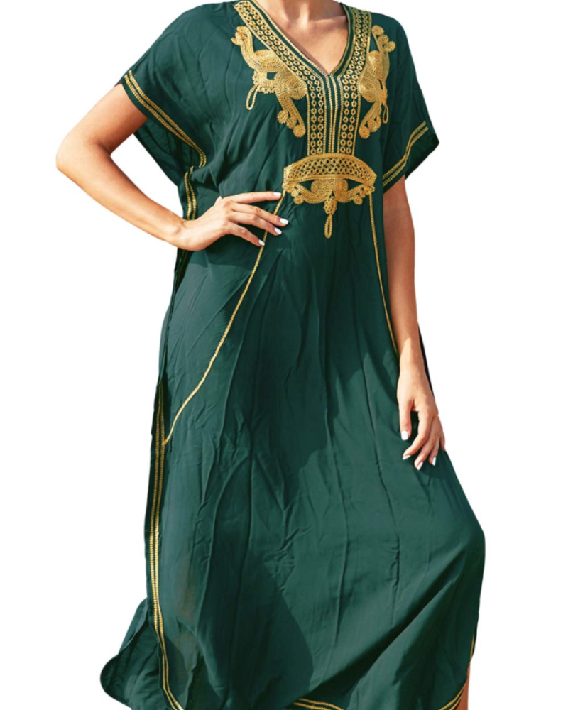 Jasmine Women's Boho Kaftan Dress – Floral Embroidered Beach Cover-Up