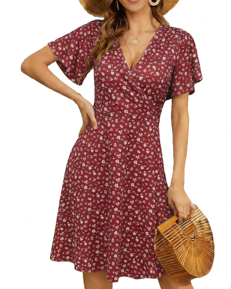 Amelia Women's Wrap Midi Dress – Floral V-Neck A-Line Dress with Ruffle Sleeves