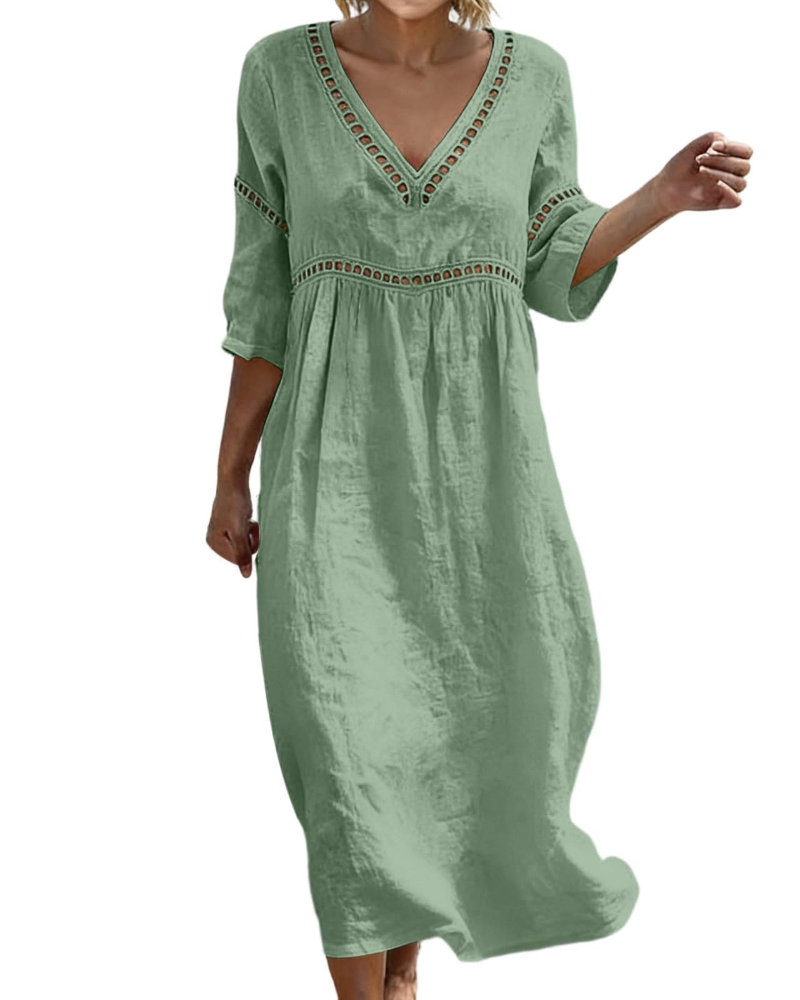 Juliet Women's Cotton Linen Maxi Dress – V-Neck Boho Dress with 3/4 Sleeves