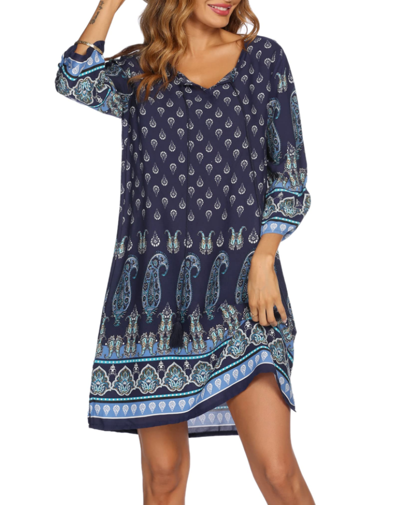 Sophie Women's Boho Tunic Dress – 3/4 Sleeve V-Neck Knee-Length Summer Dress