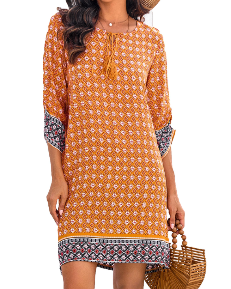 Sophie Women's Boho Tunic Dress – 3/4 Sleeve V-Neck Knee-Length Summer Dress
